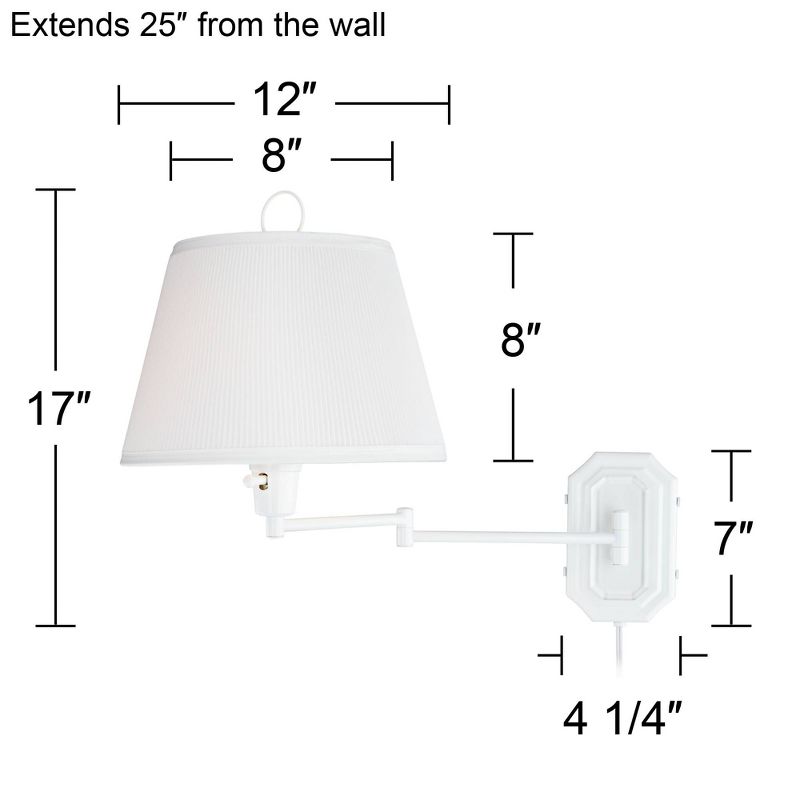 Barnes and Ivy Amelie Country Cottage Swing Arm Wall Lamp White Plug-in Light Fixture Pleated Fabric Bell Shade for Bedroom Bedside Living Room House, 4 of 9