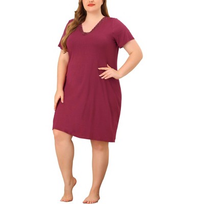 Agnes Orinda Women's Plus Size Solid Comfort Lace V Neck Short Sleeves Midi Knit Nightgowns