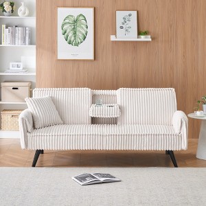 72.04'' Corduroy 3-Seater Sofa with 1 Pillow, Oak and Plastic Legs, Retractable Cup Holders and Adjustable Backrest - 1 of 4