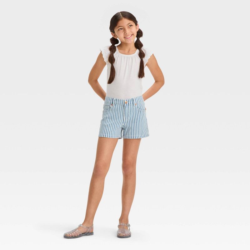 Girls&#39; Mid-Rise Wide Striped Jean Shorts - Cat &#38; Jack&#8482; Blue/White, 3 of 4
