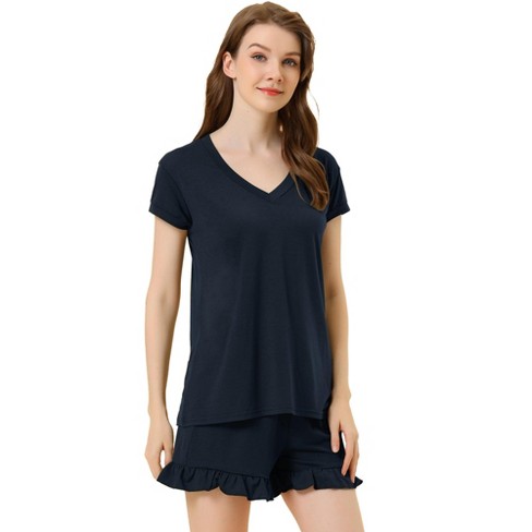 Women's Beautifully Soft Short Sleeve Notch Collar Top and Pants Pajama Set  - Stars Above™ Navy Blue XL