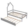 Twin Size Daybed with Trundle, Pine Wood House-Shaped Headboard Bed Frame with Safety Guardrails, No Spring Box Needed, Easy Assembly Grey - 2 of 4