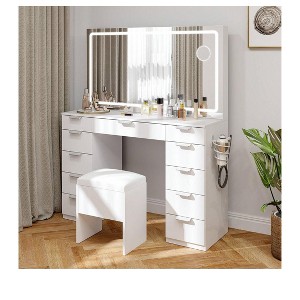 Vanity Desk Stool Makeup Table LED Light Mirror 11 Drawers w/ Power Outlet White - 1 of 4