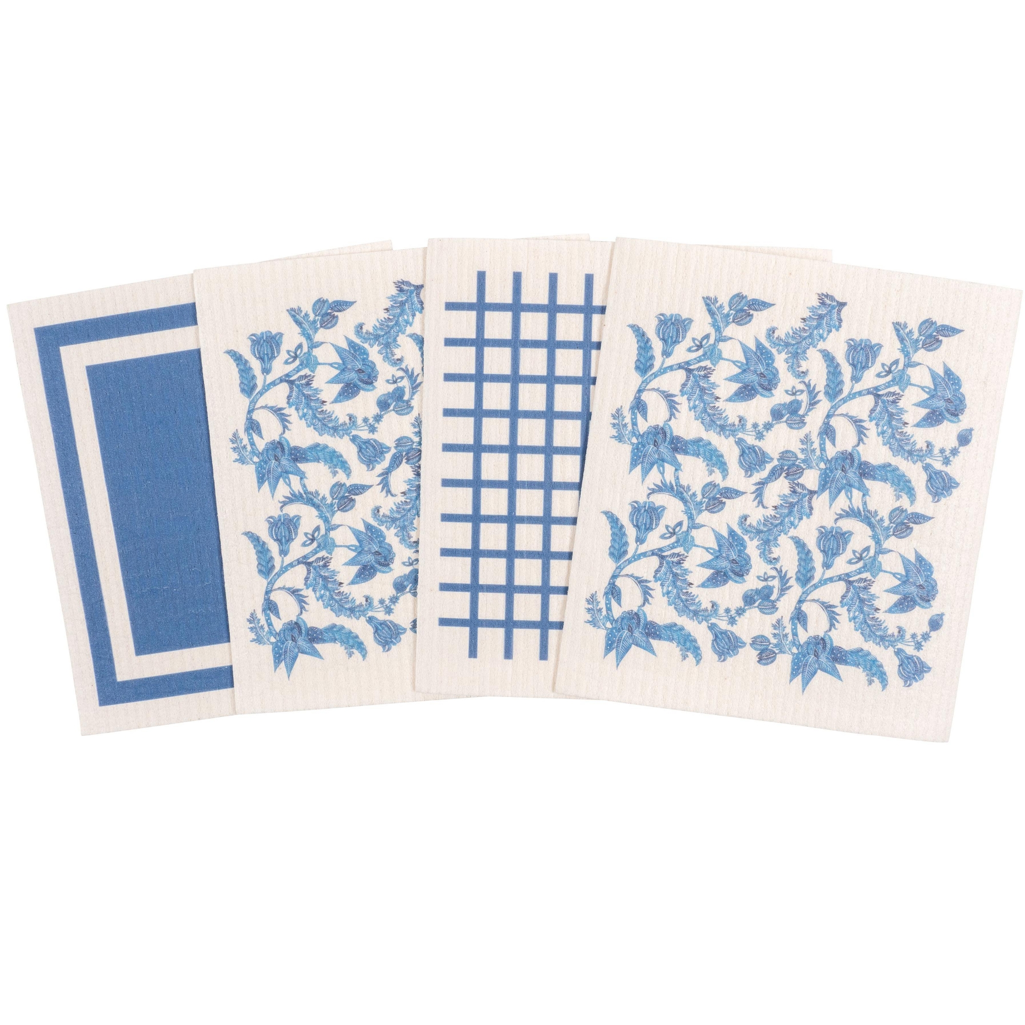 Clean It Mixed Swedish Dish Cloths - Set of 4, Reusable, Absorbent Cellulose Sponge Towels for Kitchen, Cleaning Counters, and Dishes (Blue Batik)