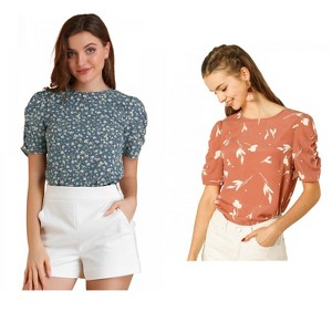 Allegra K Women's Floral Summer Crew Neck Casual Shirred Short Sleeve Blouse 2 Pcs - 1 of 4