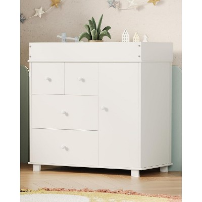 Baby Changing Table Dresser with 5 Drawers, Modern Nursery Dresser with an Open Storage Space, Diaper Changing Station for Bedroom,White