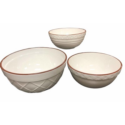 Omniware Vintage Bakeware Mixing Bowls, Set of 3 - Stoneware with Nesting Embossed Design, Lead-Free Glaze - Dishwasher Safe (White)