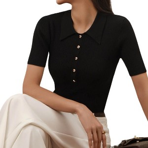 Women's Collared Short Sleeve Button Ribbed Knit Polo Top - 1 of 4