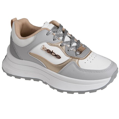 Женские кроссовки Bebe Women's Fashion Lace-Up Platform Shoes Chunky Sneakers with Mixed Material Upper and Logo Rivet, Grey Multi, 11