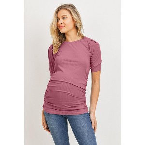 Hello Miz Women's Ribbed Puff Sleeve Side Ruched Maternity Top - 1 of 3