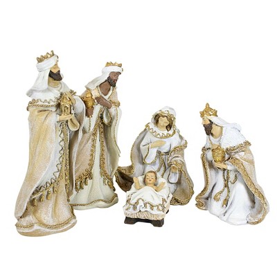 Elegant Woven Gold Trim Nativity Set - 8" Beige Polyresin Figures