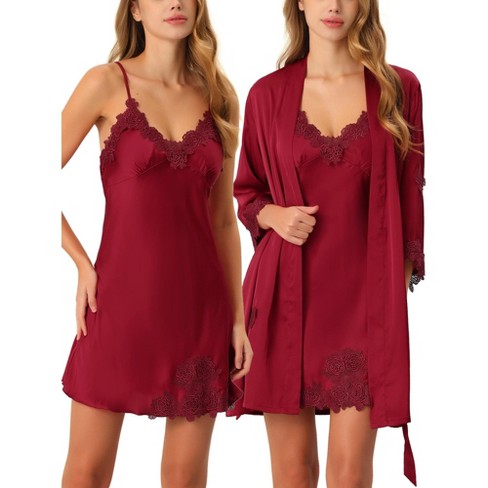 Cheibear Womens Satin 2pcs Pajama Silk Nightgown Lounge Nightdress With  Robe Sets Red Large : Target