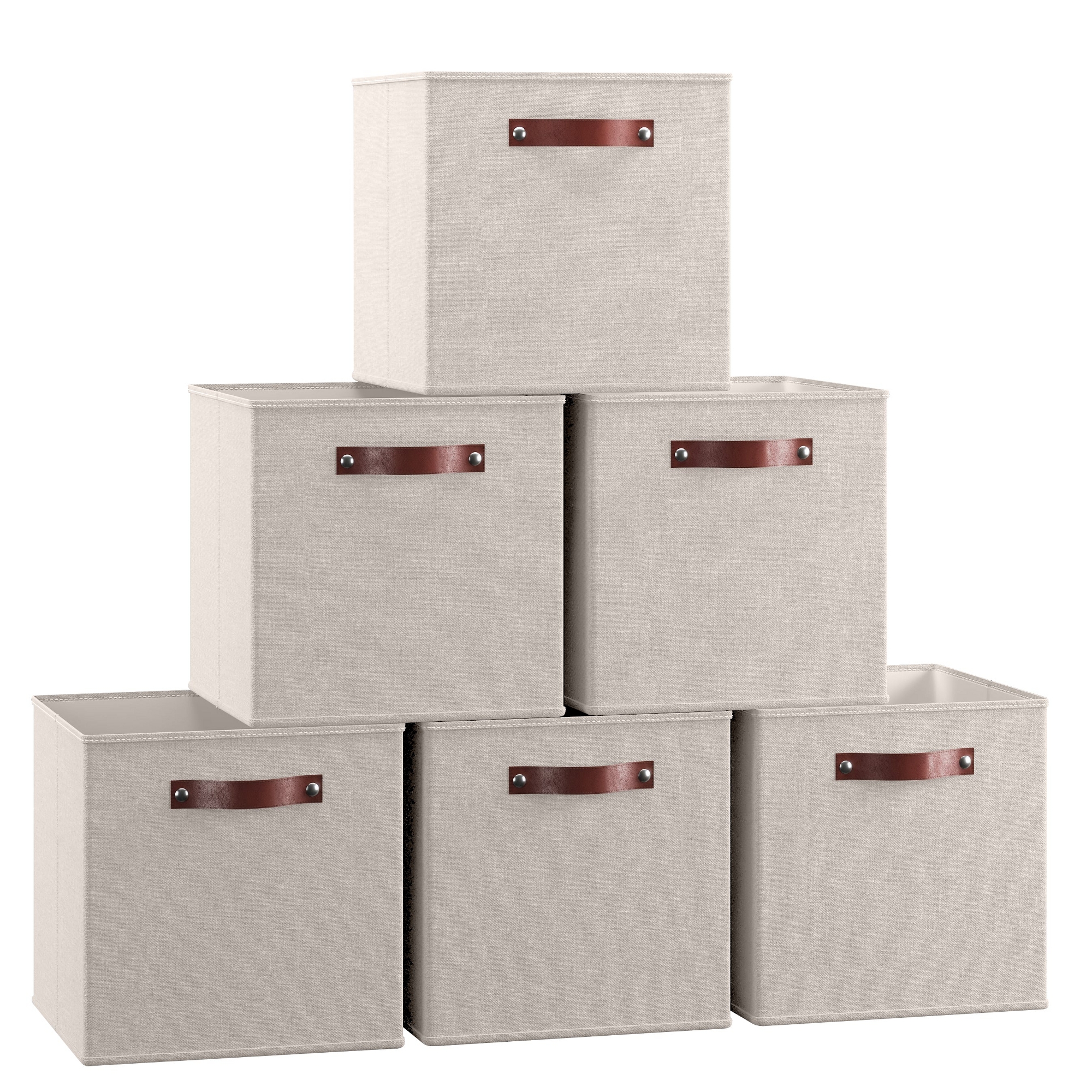 Ornavo Home 6 Pack Linen Fabric Storage Cube Bin with Faux Leather Handles - 11 Inch - Beige