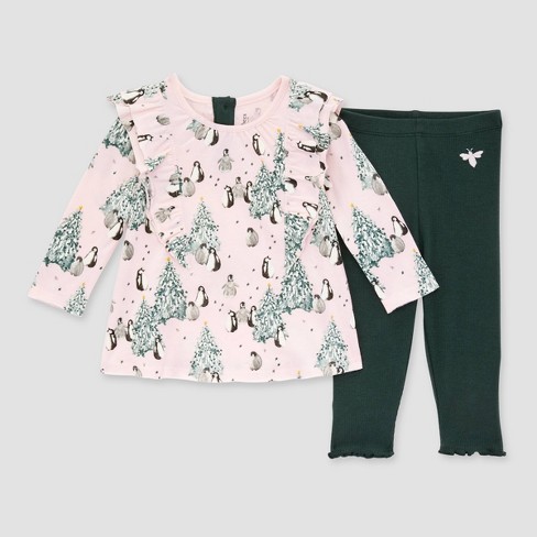 Burt's Bees Baby® Girls' Penguins Tunic & Ribbed Leggings Set - Green/Pink  6-9M