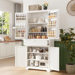 Mlezan 71" White Pantry Cabinet: 6 Doors, 4 Adjustable Shelves, 1 Drawer. Tall Storage Solution for Kitchen or Dining Room Organization. - 1 of 4