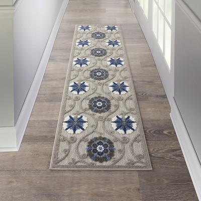Blue/Grey Floral Flat Woven Synthetic Outdoor Rug, 2'3" x 8'