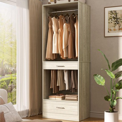 Aheaplus Closet System Organizer with Hanging Area, Freestanding Wooden Closet with Drawers