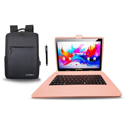 LINSAY® 10.1" Octa Core  256GB STORAGE Android 15 BUNDLE with PEACH DESIGNER CLOTH KEYBOARD CASE and STYLISH COMPACT BACKPACK