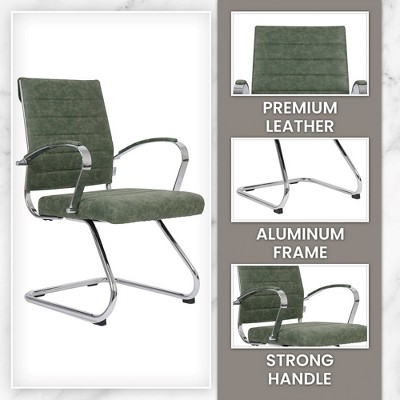 Green Leather Office Chair with Fixed Arms and Metal Frame