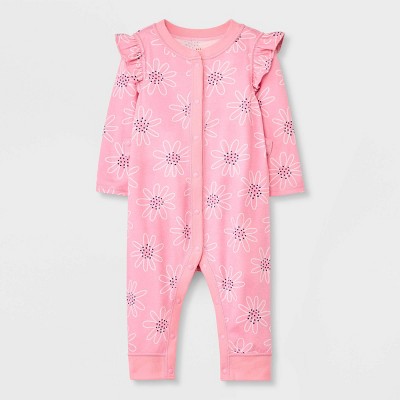 Image of Baby Daisy Adaptive Long Sleeve Snap Pants Romper - Cat & Jack™ Pink 6-9M