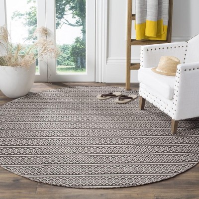 Ivory and Black Round Handwoven Cotton Wool Rug