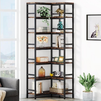 Hommoo 78.7”Tall 7 Tier Industrial Corner Bookshelf Brown