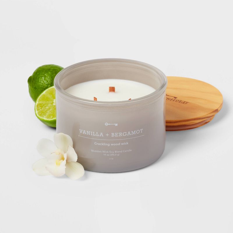 14oz Lidded Gray Glass Jar Crackling Wooden 3-Wick Candle with Clear Label Vanilla + Bergamot - Threshold&#8482;, 4 of 5
