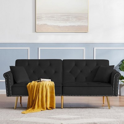 69.6" Convertible Futon Sofa Bed With 2 Pillow, Upholstered Loveseat Sleeper Sofa with Adjustable Backrest, 2 Seat Couch for Guest Room Bedroom