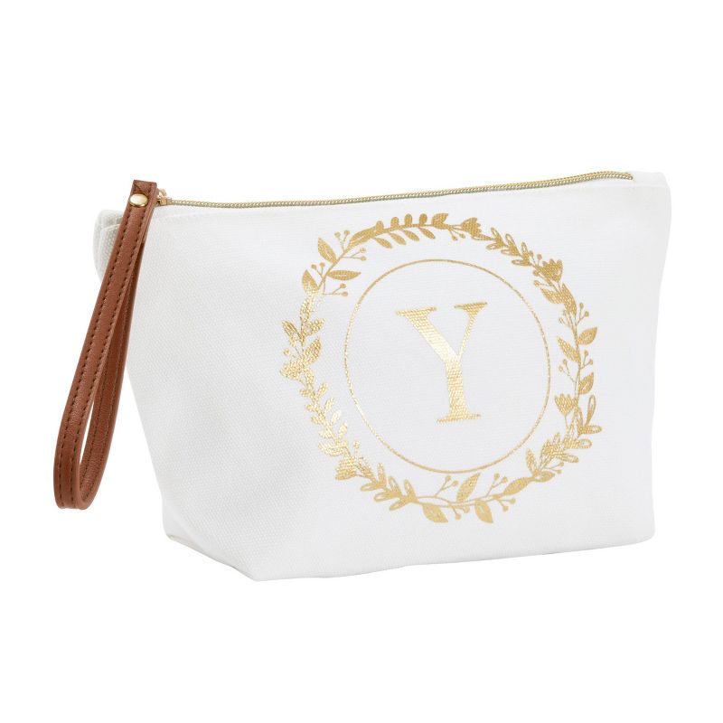 Gold Initial Y Personalized Makeup Bag for Women, Monogrammed Canvas Cosmetic Pouch (White, 10 x 3 x 6 In), 1 of 9