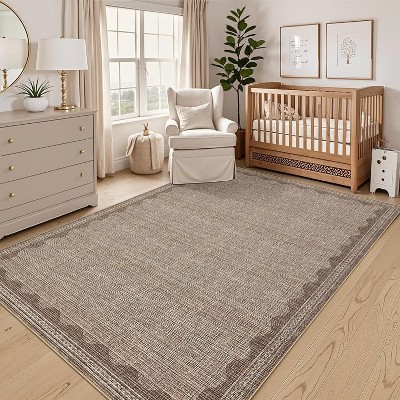 Washable Rug Low Pile Living Room Throw Mats with Non Slip Backing Lightweight Foldable Floor Covers Modern Waven Border Indoor Throw Carpet