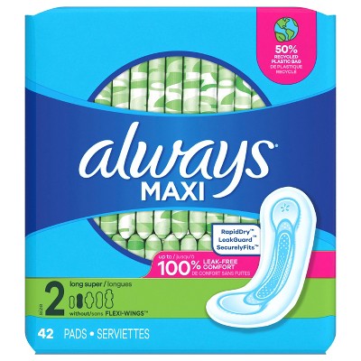 Always Maxi Feminine Pads without Wings for Women, Size 2, Long Super Absorbency, Unscented 42 Count