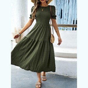Women's Summer Crew Neck Short Sleeve Smocked Midi Dress Casual Elastic Waist Tiered A Line Flowy Maxi Dress - 1 of 4