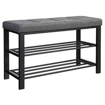 SONGMICS 3 Tier Metal Shoe Bench Storage Rack with Foam Padded Linen Seat Cushion for Entryway, Laundry Room, and Bedroom, Dark Gray/Black