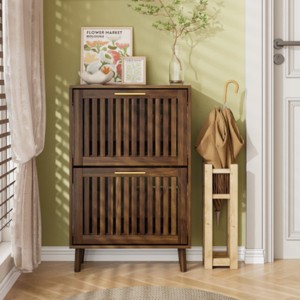 Shoe Cabinet with Flip Drawers, Entryway Shoe Organizer for Hallway or Foyer, Walnut Slim Storage Cabinet with Modern Fence Design-The Pop Home - 1 of 4