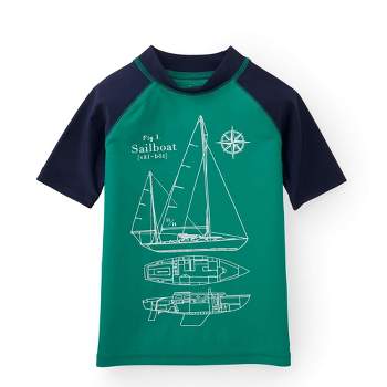 Hope & Henry Boys' Green Sailboat Graphic Short Sleeve Rash Guard Containing Recycled Fibers, Green Sailboat Graphic, 5