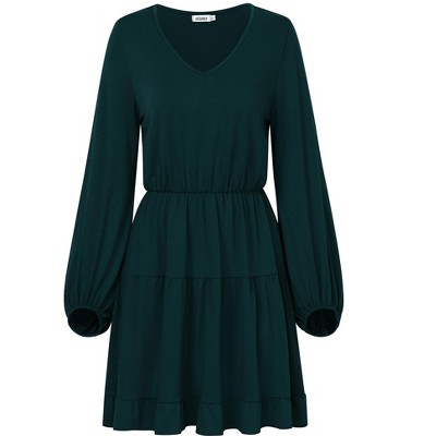Womens Dress Long Lantern Sleeve V Neck Tie Backless Fashion Casual Fit Flowy Tiered Boho Dress Ruffle Elastic Waist A-Line Mini Dress