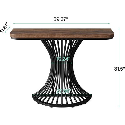 Rustic Brown Wood and Black Metal Demilune Console Table with Storage