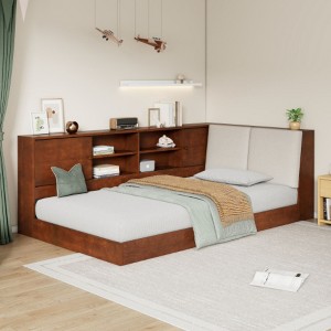 Twin Size L-Shaped Daybed with Storage, Upholstered Headboard & USB Ports for Small Spaces - 1 of 3
