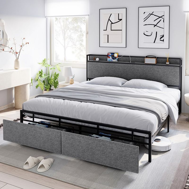 Whizmax Bed Frame with Storage Drawers, Platform Bed Frame with Upholstered Headboard and Outlets, No Box Spring Needed, Easy Assembly, Gray, 3 of 9