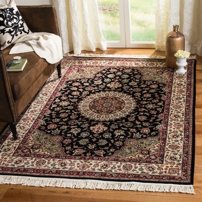 Elegant Kerman Hand-Knotted Wool Rug in Black, Brown, and Ivory - 6' x 9'