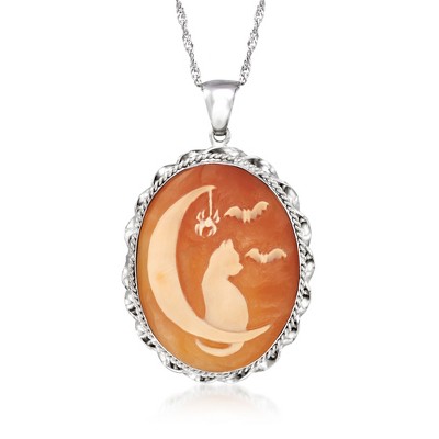 Ross-Simons Italian Orange Shell Cat and Moon Cameo Pendant Necklace in Sterling Silver Size