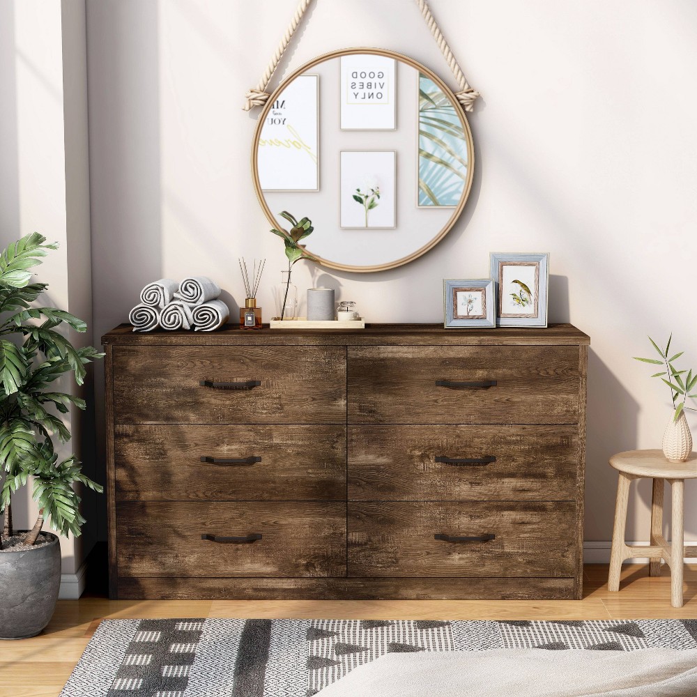 Culver Rustic 6 Drawer Dresser with Usb Ports Walnut - miBasics