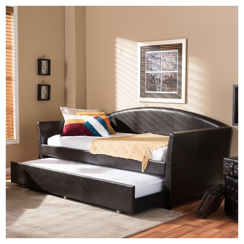 Twin London Modern and Contemporary Faux Leather Arched Back Sofa Daybed with Roll Out Trundle Guest Bed - Baxton Studio, 6 of 11