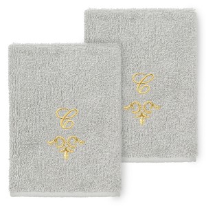 Linum Home Textiles 100% Turkish Cotton MONICA Gold Thread 2PC Embellished Washcloth Set - 1 of 3