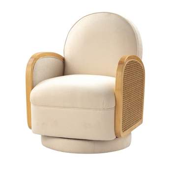 Maureen Modern Rattan 360-Degree Swivel Chair with Solid Wood Arm| HULALA HOME-IVORY