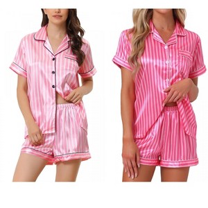 INSPIRE CHIC Women's 4 Pcs Striped Silky Satin Sleepwear Button-Up Shirt & Shorts 2025 Lounge Set - 1 of 4