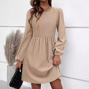 Women's Knit Round Neck Dress Casual Long Sleeve Midi Dress - 1 of 4
