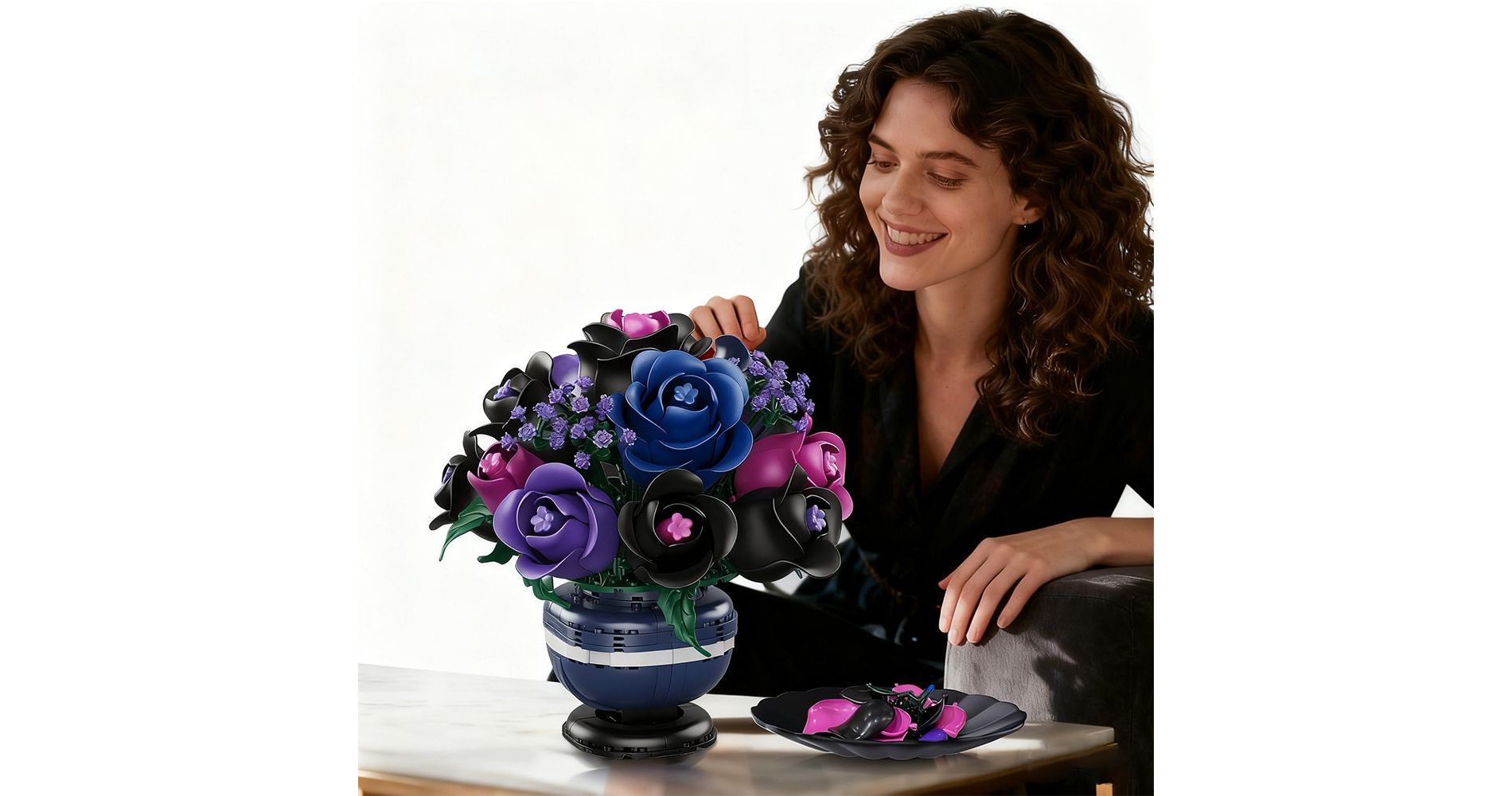 507PCS Purple Black Rose Bonsai Flowers Botanicals Building Set Christmas Gifts for Adults and Kids Aged 12+