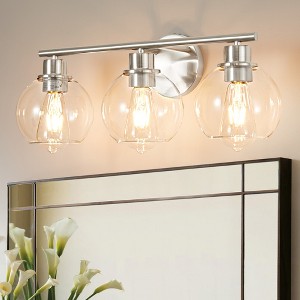 POWLIG 21.65-in 3-Light Nickel Modern Dimmable Bathroom Transitional Vanity Light with Transparent Glass Shade - 1 of 4