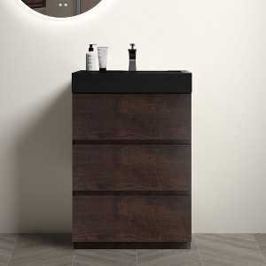 FAMYYT 24 in. Single Sink Freestanding Walnut Bath Vanity with Black Engineered Stone Top (Assembled), Ample Drawer Storage - 1 of 4